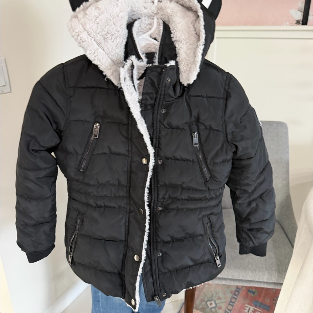 DIESEL Size (7/8) FAUX SHEARLING LINED PUFFER HOODED JACKET BLACK